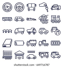 Auto icons set. set of 25 auto outline icons such as airport bus, toy car, train toy, car wash, truck, truck with hook, van, cargo trailer, battery, ful battery, low battery