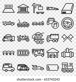 Auto icons set. set of 25 auto outline icons such as truck with luggage, train toy, truck, pump, van, cargo trailer, car music, cabriolet, battery, ful battery, low battery