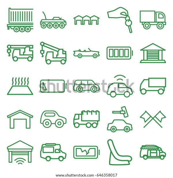 Auto icons set. set\
of 25 auto outline icons such as garage, toy car, baby seat in car,\
car wash, truck, truck with hook, van, ful battery, low battery,\
broken battery