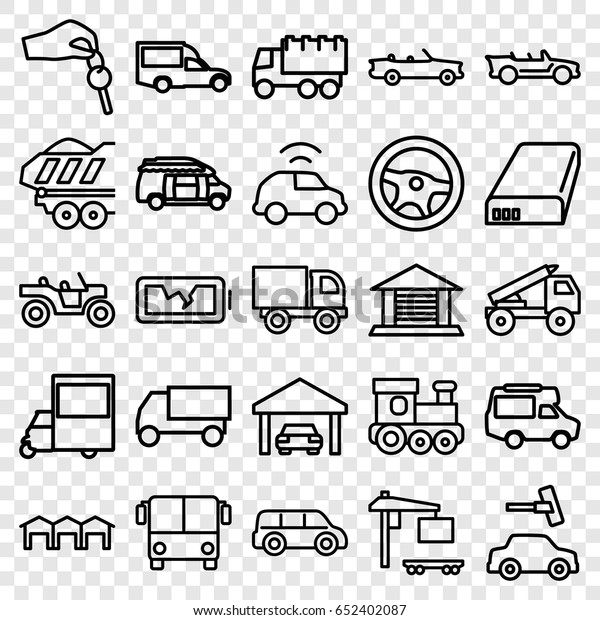 Auto icons set. set of 25\
auto outline icons such as airport bus, train toy, car wash, truck,\
van, cargo truck, cargo trailer, cabriolet, battery, broken\
battery, garage