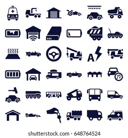 Auto icons set. set of 36 auto filled icons such as airport bus, garage, toy car, car wash, truck, truck with hook, van, cargo trailer, ambulance, cabriolet, battery