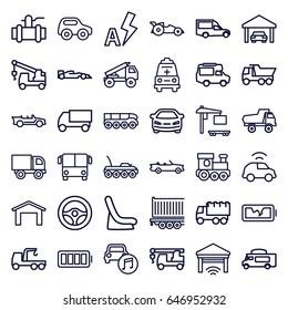Auto icons set. set of 36 auto outline icons such as airport bus, garage, toy car, train toy, baby seat in car, car, truck, truck with hook, pump, van, ambulance, cabriolet