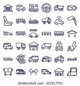 Auto icons set. set of 36 auto outline icons such as airport bus, truck with luggage, garage, toy car, train toy, baby seat in car, car wash, truck, van, ambulance, cabriolet