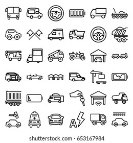Auto icons set. set of 36 auto outline icons such as airport bus, truck with luggage, toy car, car wash, car, truck, van, ambulance, ful battery, low battery, broken battery