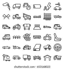 Auto icons set. set of 36 auto outline icons such as airport bus, truck with luggage, garage, toy car, baby seat in car, car wash, truck, pump, van, ambulance, cabriolet