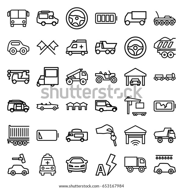 Auto icons set. set\
of 36 auto outline icons such as airport bus, truck with luggage,\
toy car, car wash, car, truck, van, ambulance, ful battery, low\
battery, broken battery