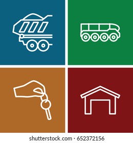 Auto icons set. set of 4 auto outline icons such as garage, cargo trailer, hand with key