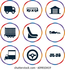 Auto icons set. set of 9 auto filled icons such as airport bus, truck with luggage, baby seat in car, van, cargo trailer, garage, steering wheel, sport car