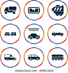 Auto icons set. set of 9 auto filled icons such as truck with luggage, car wash, truck, van, cargo trailer, broken battery, car