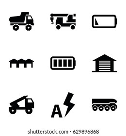 Auto icons set. set of 9 auto filled icons such as toy car, truck with hook, ful battery, low battery, auto flash, garage, truck rocket