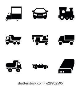 Auto icons set. set of 9 auto filled icons such as train toy, toy car, car, truck, truck with hook, van, cabriolet