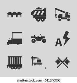 Auto icons set. set of 9 auto filled icons such as truck with hook, van, cargo truck, cargo trailer, auto flash, garage, weapon truck