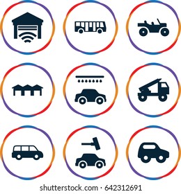 Auto icons set. set of 9 auto filled icons such as airport bus, toy car, car wash, garage, truck rocket, weapon truck