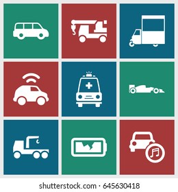 Auto icons set. set of 9 auto filled icons such as truck with hook, van, ambulance, car music, broken battery, sport car