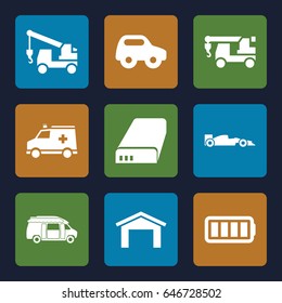 Auto icons set. set of 9 auto filled icons such as garage, toy car, truck with hook, van, ambulance, battery, ful battery