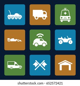 Auto icons set. set of 9 auto filled icons such as garage, van, ambulance, sport car, car, weapon truck, military car, crossed flags