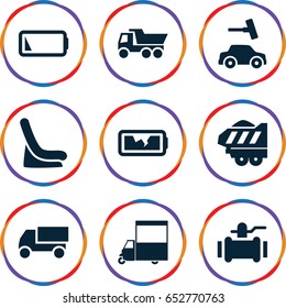 Auto icons set. set of 9 auto filled icons such as baby seat in car, car wash, truck, pump, van, cargo trailer, low battery