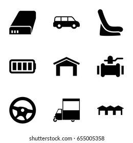 Auto icons set. set of 9 auto filled icons such as garage, baby seat in car, pump, van, battery, ful battery, wheel