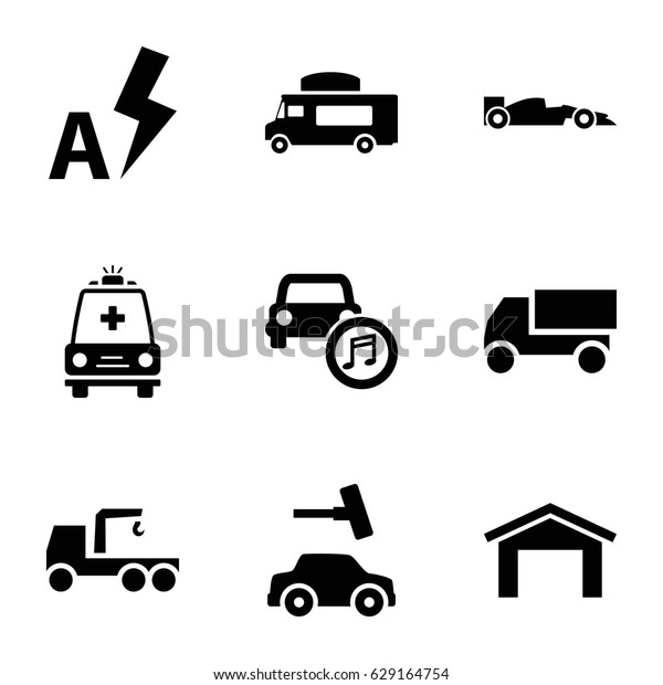 Auto icons set. set of 9 auto filled icons such as\
garage, car wash, truck, truck with hook, van, ambulance, car\
music, auto flash