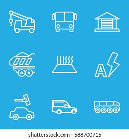 auto icons set. Set of 9 auto outline icons such as airport bus, car wash, truck with hook, van, cargo trailer, auto flash, garage, heating system in car