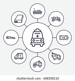 Auto icons set. set of 9 auto outline icons such as truck with hook, ambulance, battery, broken battery, truck rocket, weapon truck, military car