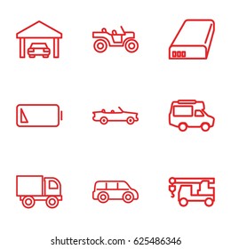 Auto icons set. set of 9 auto outline icons such as truck with hook, van, battery, low battery, garage, car, weapon truck