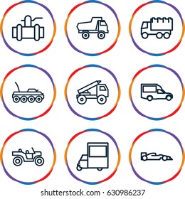 Auto icons set. set of 9 auto outline icons such as toy car, truck, pump, van, truck rocket, weapon truck, military car