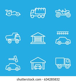 Auto icons set. set of 9 auto outline icons such as toy car, car wash, truck, garage, car