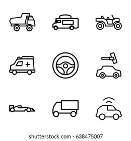 Auto icons set. set of 9 auto outline icons such as toy car, car wash, truck, van, ambulance, weapon truck