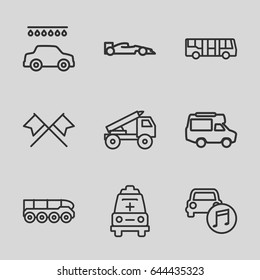 Auto icons set. set of 9 auto outline icons such as airport bus, car wash, van, ambulance, car music, truck rocket, weapon truck, sport car