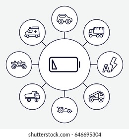 Auto icons set. set of 9 auto outline icons such as toy car, truck, ambulance, low battery, auto flash, car, truck rocket
