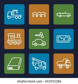 Auto icons set. set of 9 auto outline icons such as train toy, toy car, car wash, truck with hook, battery, broken battery, garage