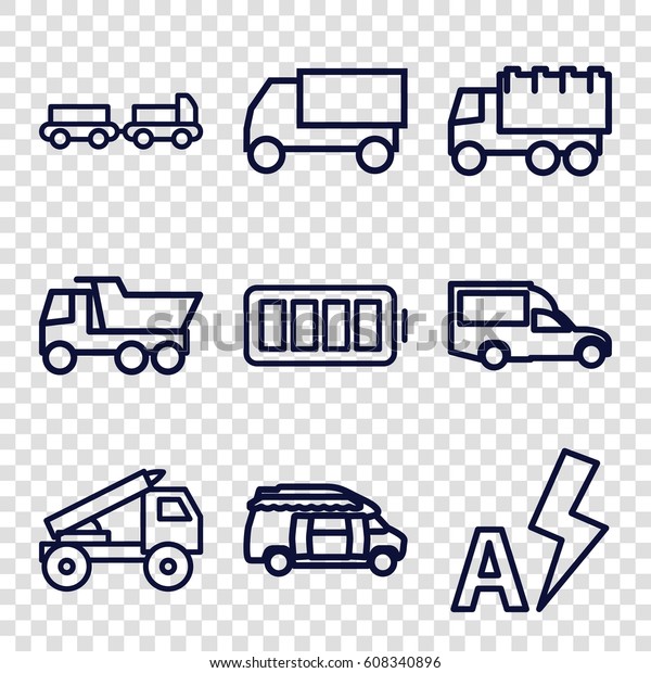 Auto icons set. set\
of 9 auto outline icons such as truck with luggage, truck, van, ful\
battery, auto flash
