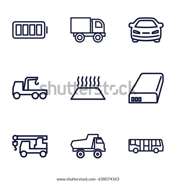 Auto icons set. set of 9 auto outline icons such as\
airport bus, toy car, car, truck with hook, battery, ful battery,\
heating system in car