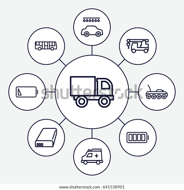 Auto icons set. set of 9 auto\
outline icons such as airport bus, car wash, truck with hook,\
ambulance, battery, ful battery, low battery, military\
car