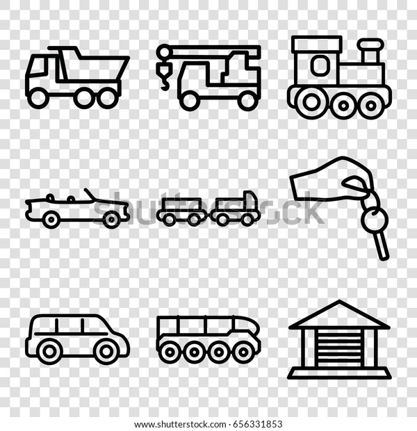 Auto icons set.\
set of 9 auto outline icons such as truck with luggage, train toy,\
truck, garage, hand with\
key