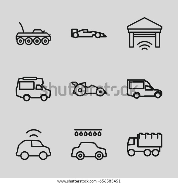 Auto icons set. set of 9 auto outline icons\
such as car wash, truck, van,\
garage