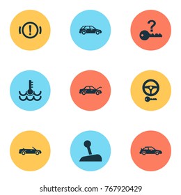 Auto icons set with alert, stick, hatchback and other fixing elements. Isolated vector illustration auto icons.