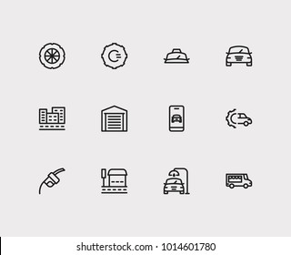 Auto icons set. Bus stop and auto icons with fuel pump, car logo and car garage. Set of elements including part for web app logo UI design.