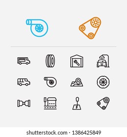 Auto icons set. Bus stop and auto icons with car wash, tyre logo and car part. Set of model for web app logo UI design.