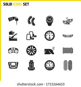 Auto icons set with car brake shoe, sun protectors and condenser elements. Set of auto icons and dashboard concept. Editable vector elements for logo app UI design.