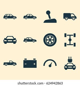 Auto Icons Set. Collection Of Accumulator, Stick, Automobile And Other Elements. Also Includes Symbols Such As Sports, Chronometer, Car.