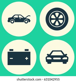 Auto Icons Set. Collection Of Accumulator, Auto, Wheel And Other Elements. Also Includes Symbols Such As Accumulator, Auto, Tire.