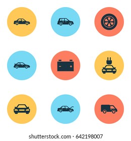 Auto Icons Set. Collection Of Accumulator, Plug, Car And Other Elements. Also Includes Symbols Such As Tire, Automobile, Crossover.