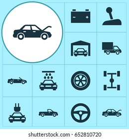 Auto Icons Set. Collection Of Accumulator, Wheel, Wheelbase And Other Elements. Also Includes Symbols Such As Tire, Auto, Accumulator.