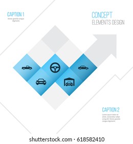Auto Icons Set. Collection Of Automobile, Drive Control, Carriage And Other Elements. Also Includes Symbols Such As Pickup, Car, Wheel.