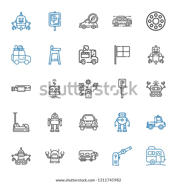 auto\
icons set. Collection of auto with caravan, parking, bus, robot,\
truck, car, bumper, belt, racing, ice cream car, baby chair,\
rolling wheel. Editable and scalable auto\
icons.