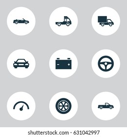 Auto Icons Set. Collection Of Carriage, Lorry, Auto And Other Elements. Also Includes Symbols Such As Lorry, Speedometer, Chronometer.