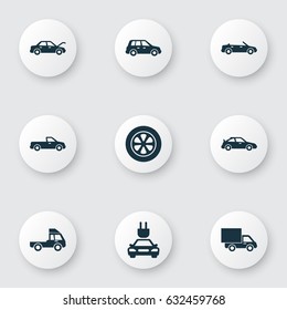 Auto Icons Set. Collection Of Carriage, Plug, Convertible Model And Other Elements. Also Includes Symbols Such As Car, Fixing, Plug.