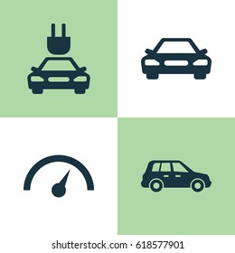 Auto Icons Set. Collection Of Chronometer, Car, Plug And Other Elements. Also Includes Symbols Such As Electric, Automobile, Speedometer.